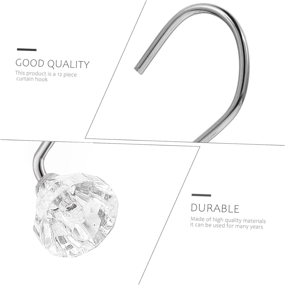 Set of 12 Rust Resistant Shower Curtain Hooks - 6 Designs