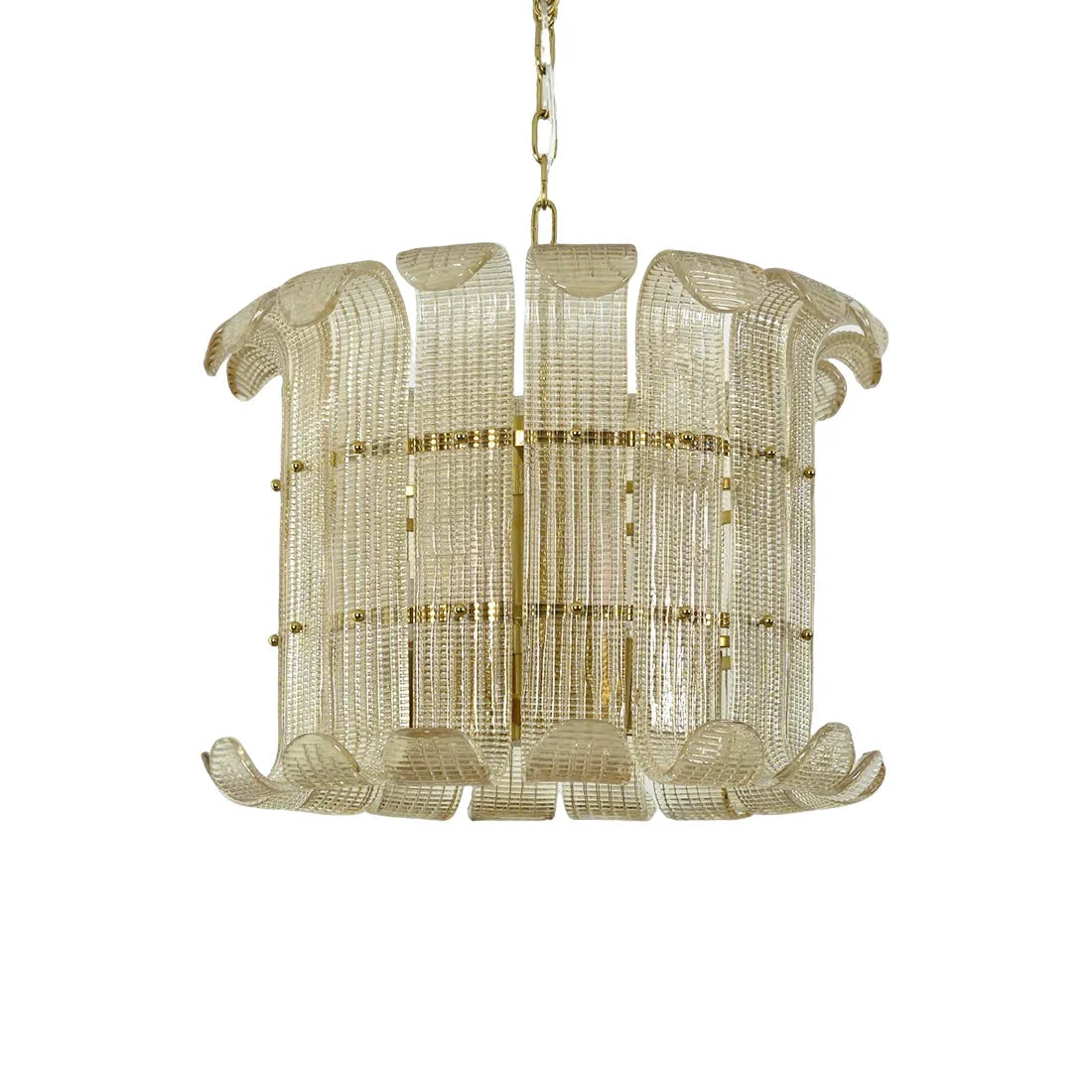 Curved Ribbed Glass Drum Chandelier – Gold Slat Pendant Light E12/E14
