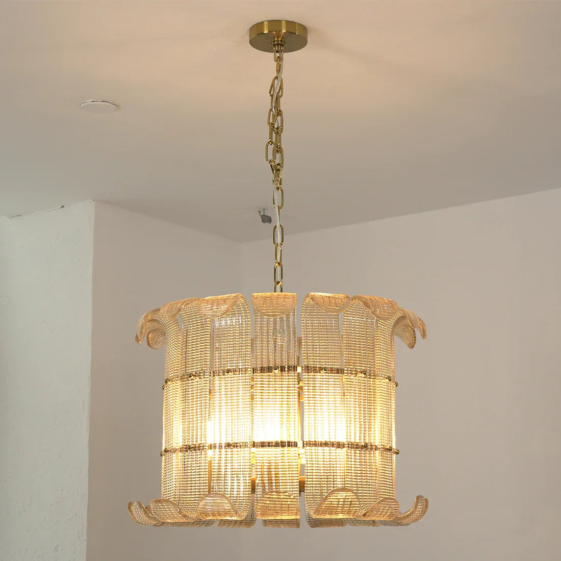 Curved Ribbed Glass Drum Chandelier – Gold Slat Pendant Light E12/E14