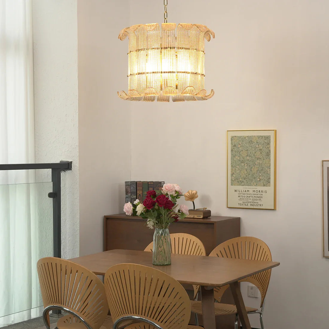 Curved Ribbed Glass Drum Chandelier – Gold Slat Pendant Light E12/E14