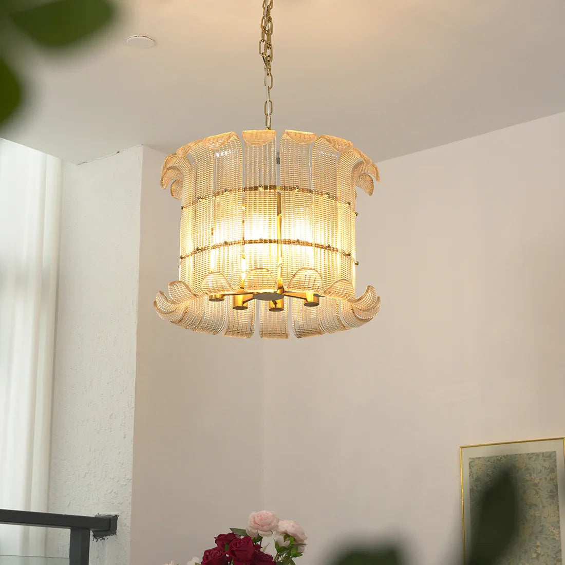 Curved Ribbed Glass Drum Chandelier – Gold Slat Pendant Light E12/E14