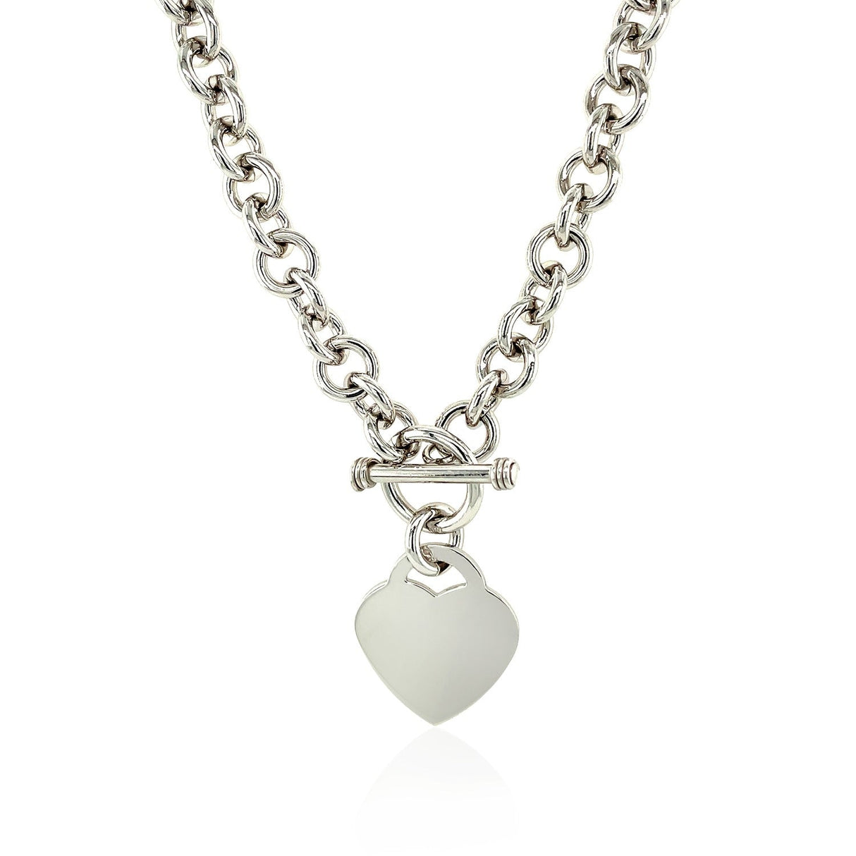 Sterling Silver Rolo Chain with a Heart Toggle Charm and Rhodium Plating
