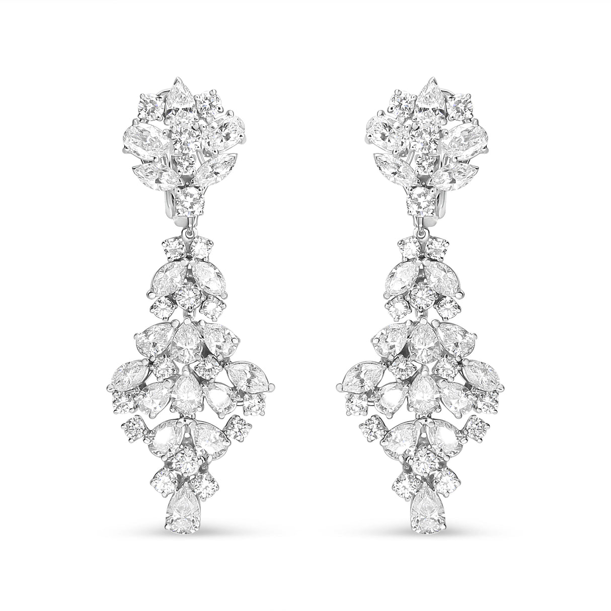 18K White Gold 9 1/2 Cttw Diamond Cluster Drop Dangle Clip-On Earrings (F-G Color, VS1-VS2 Clarity)