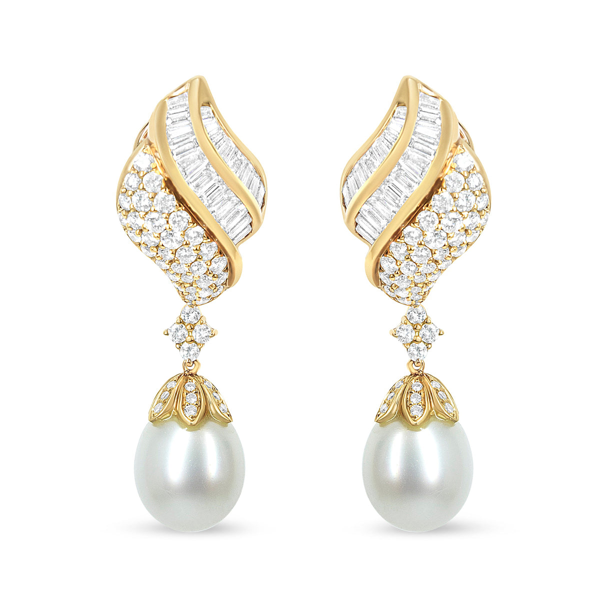 18k Yellow Gold 7.0 Cttw Baguette and Round Diamond South Sea Pearl Drop Dangle Clip-On Earrings (F-G Color, VS1-VS2 Clarity)