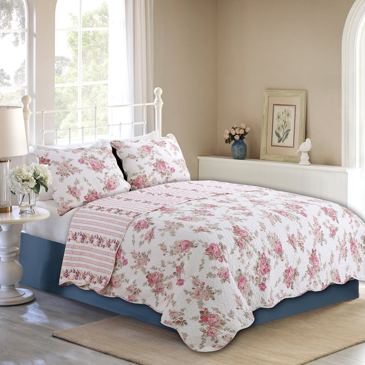 Spring Rose Floral Scalloped 3-Piece Cotton Reversible Quilt Bedding Set