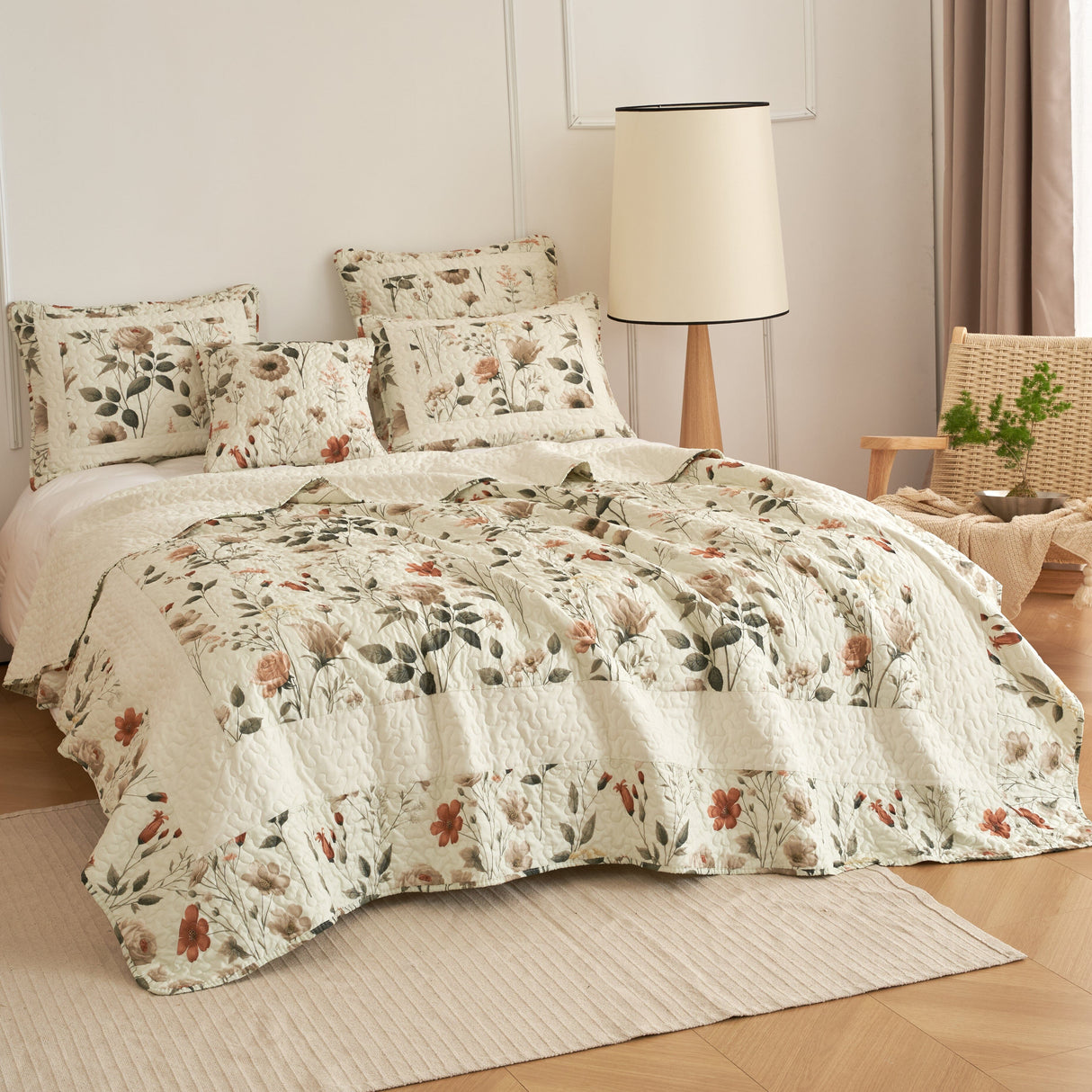 DaDalogy Enchanted Meadow Quilt Set - Victoria Garden Delicate Floral Symphony in Beige, Rose, and Soft Green, Luxuriously Soft Quilted Bedspread Set