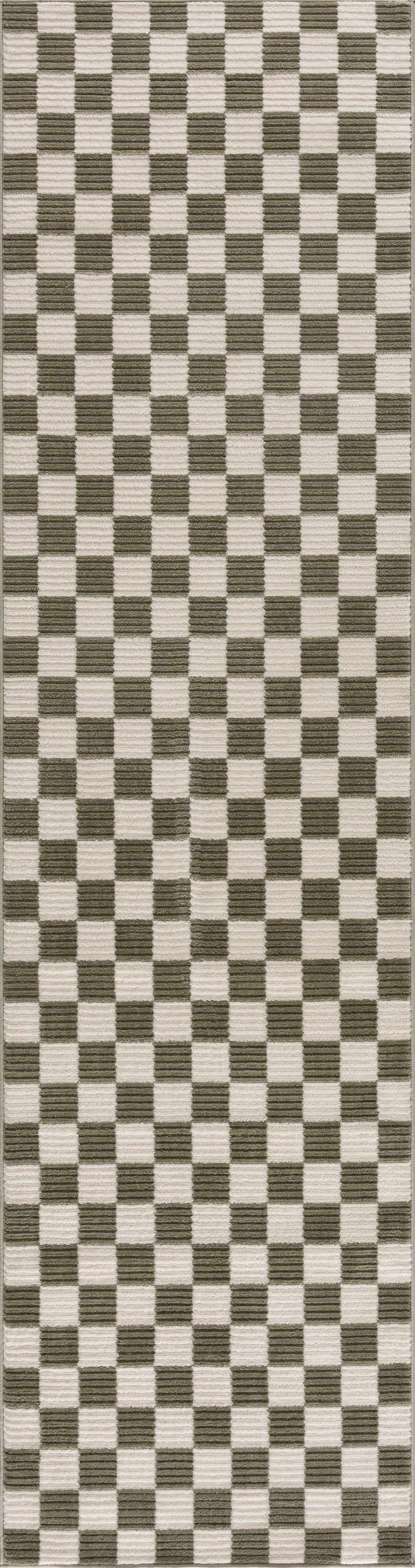 Kaysar Olive Green Checkered Washable Area Rug