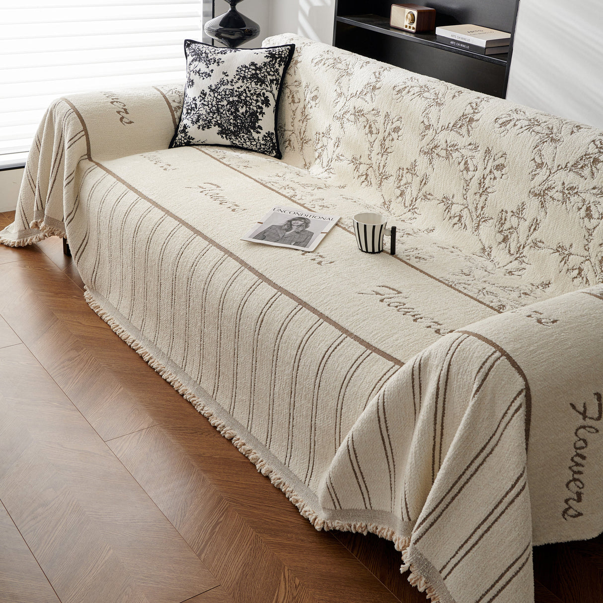 Chenille Striped Floral Couch Cover Sofa Slipcover for Most Shape Sofas, Reversible Sofa Throw Cover