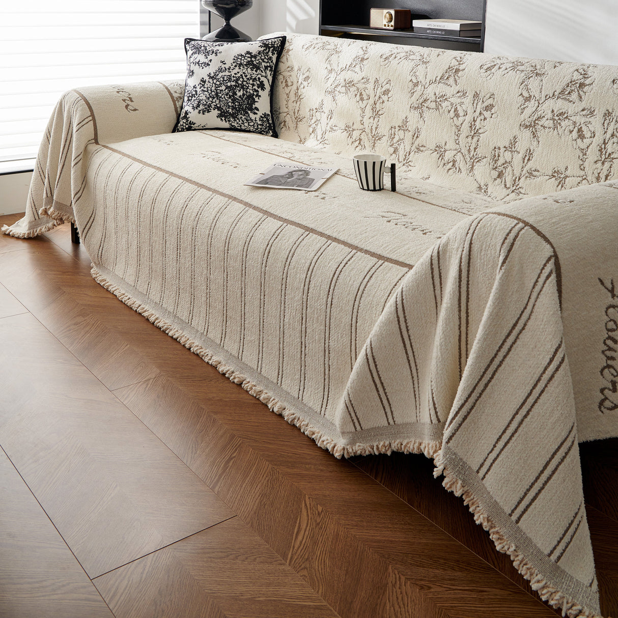 Chenille Striped Floral Couch Cover Sofa Slipcover for Most Shape Sofas, Reversible Sofa Throw Cover