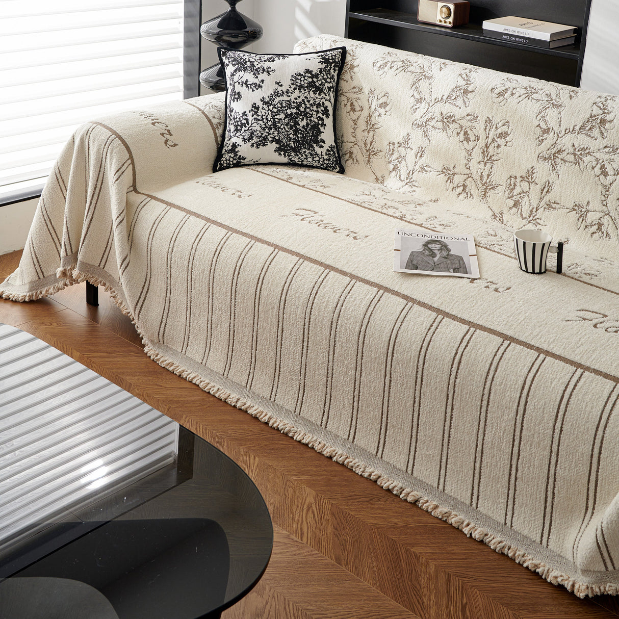 Chenille Striped Floral Couch Cover Sofa Slipcover for Most Shape Sofas, Reversible Sofa Throw Cover