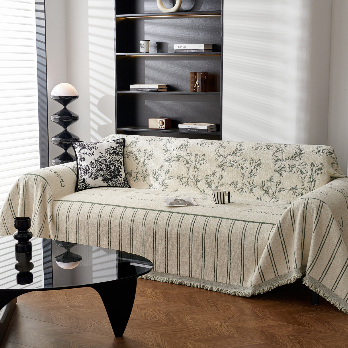 Chenille Striped Floral Couch Cover Sofa Slipcover for Most Shape Sofas, Reversible Sofa Throw Cover