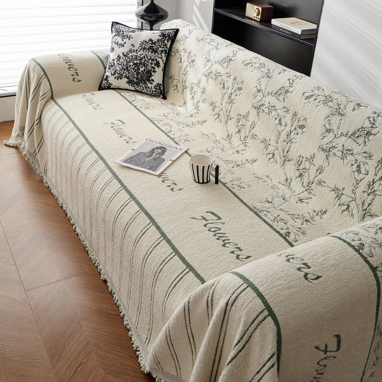 Chenille Striped Floral Couch Cover Sofa Slipcover for Most Shape Sofas, Reversible Sofa Throw Cover