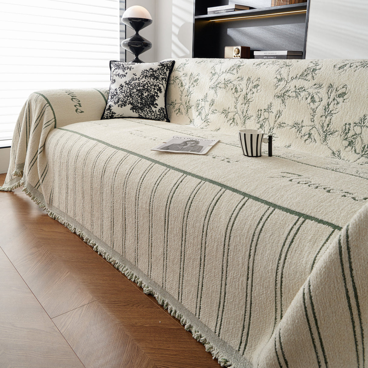 Chenille Striped Floral Couch Cover Sofa Slipcover for Most Shape Sofas, Reversible Sofa Throw Cover