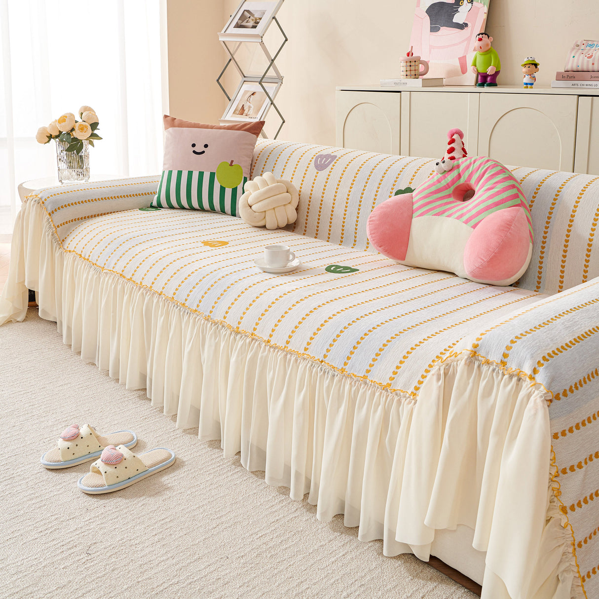 Cute Dotted Stripe Couch Protector, Non-Slip Washable Sofa Cover with Ruffled Skirt
