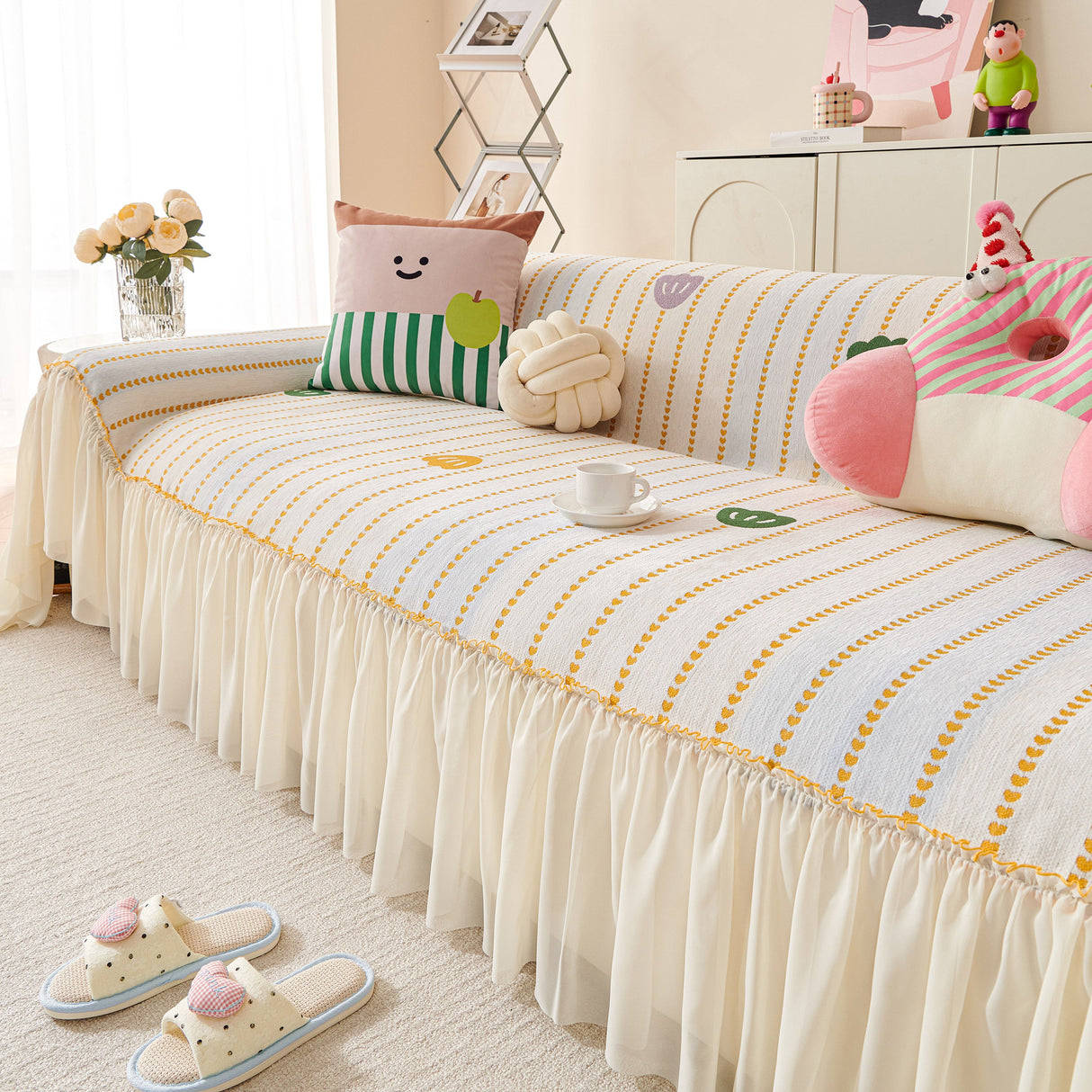 Cute Dotted Stripe Couch Protector, Non-Slip Washable Sofa Cover with Ruffled Skirt