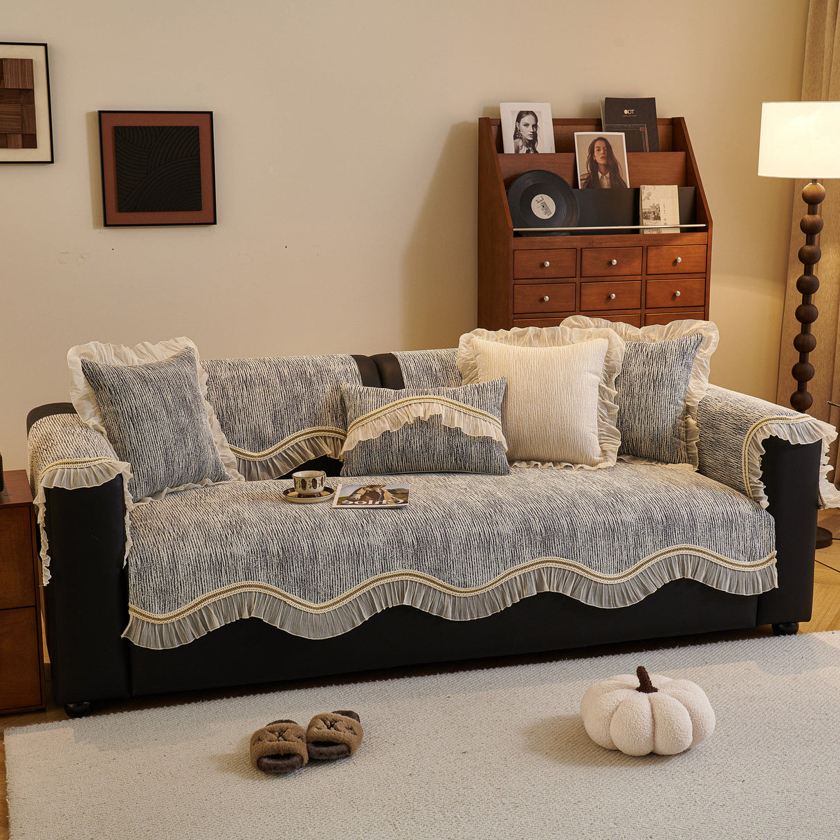 French Vintage Style Couch Cover with Skirt, Non-Slip Sectional Furniture Covers