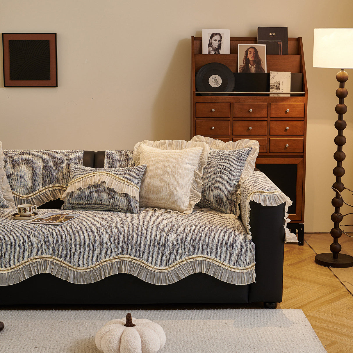 French Vintage Style Couch Cover with Skirt, Non-Slip Sectional Furniture Covers