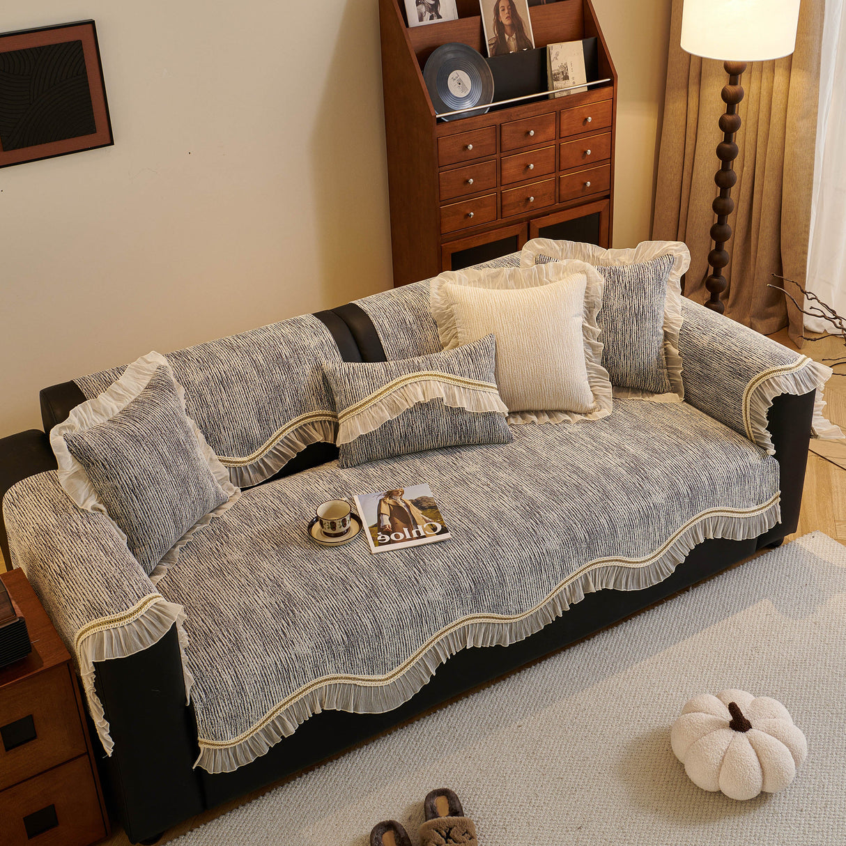French Vintage Style Couch Cover with Skirt, Non-Slip Sectional Furniture Covers