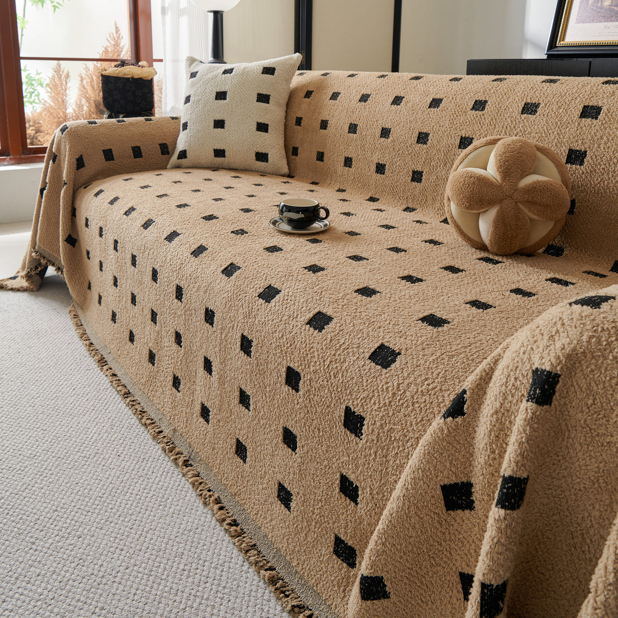 Sofa Throw Blanket with Woven Geometric Pattern & Tassels, Soft & Thick Couch Cover