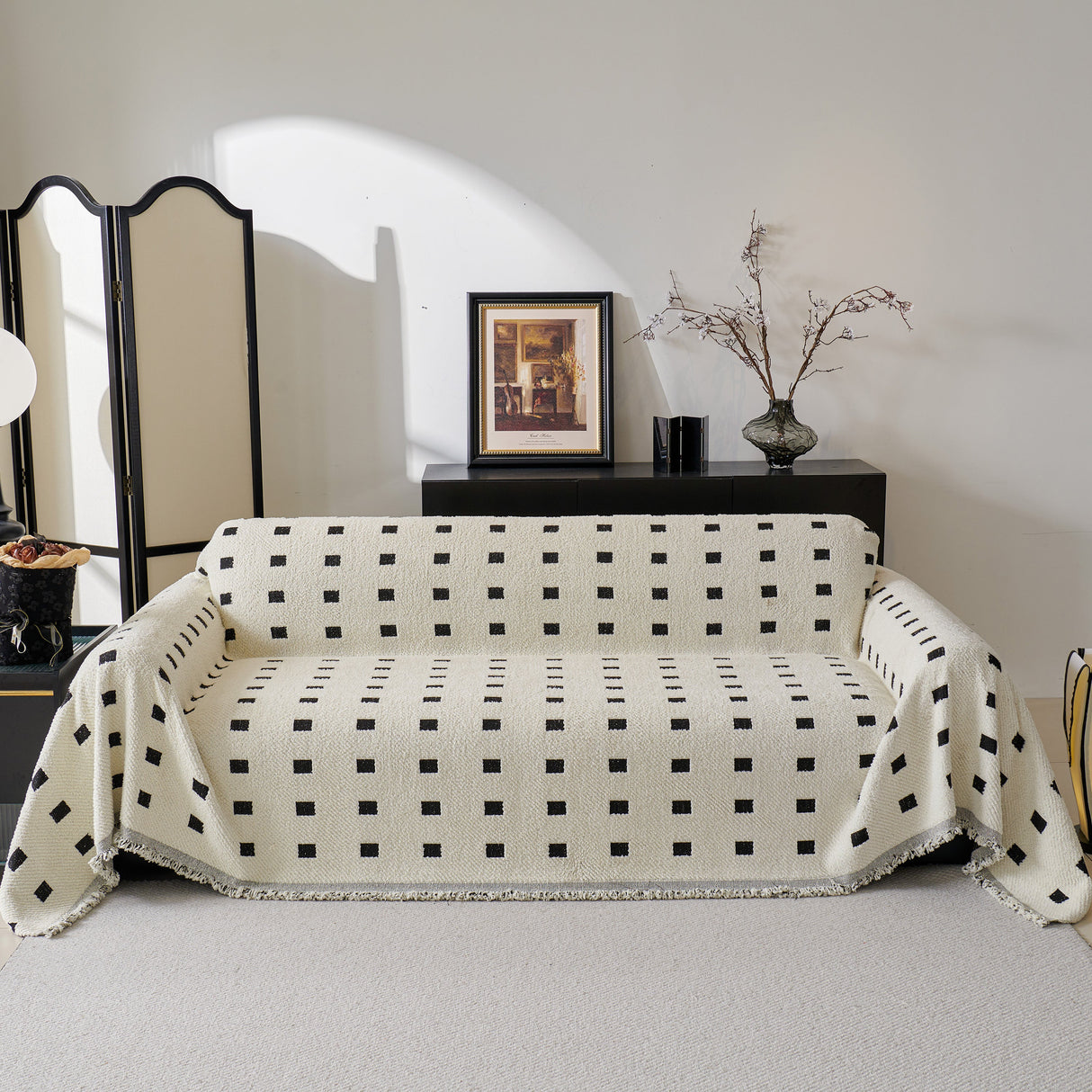Sofa Throw Blanket with Woven Geometric Pattern & Tassels, Soft & Thick Couch Cover