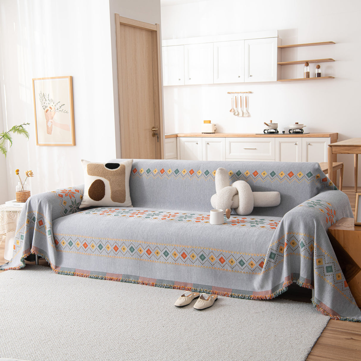 Bohemian Geometric Sofa Throw Cover, Cozy & Protective Ethnic-Inspired Couch Cover