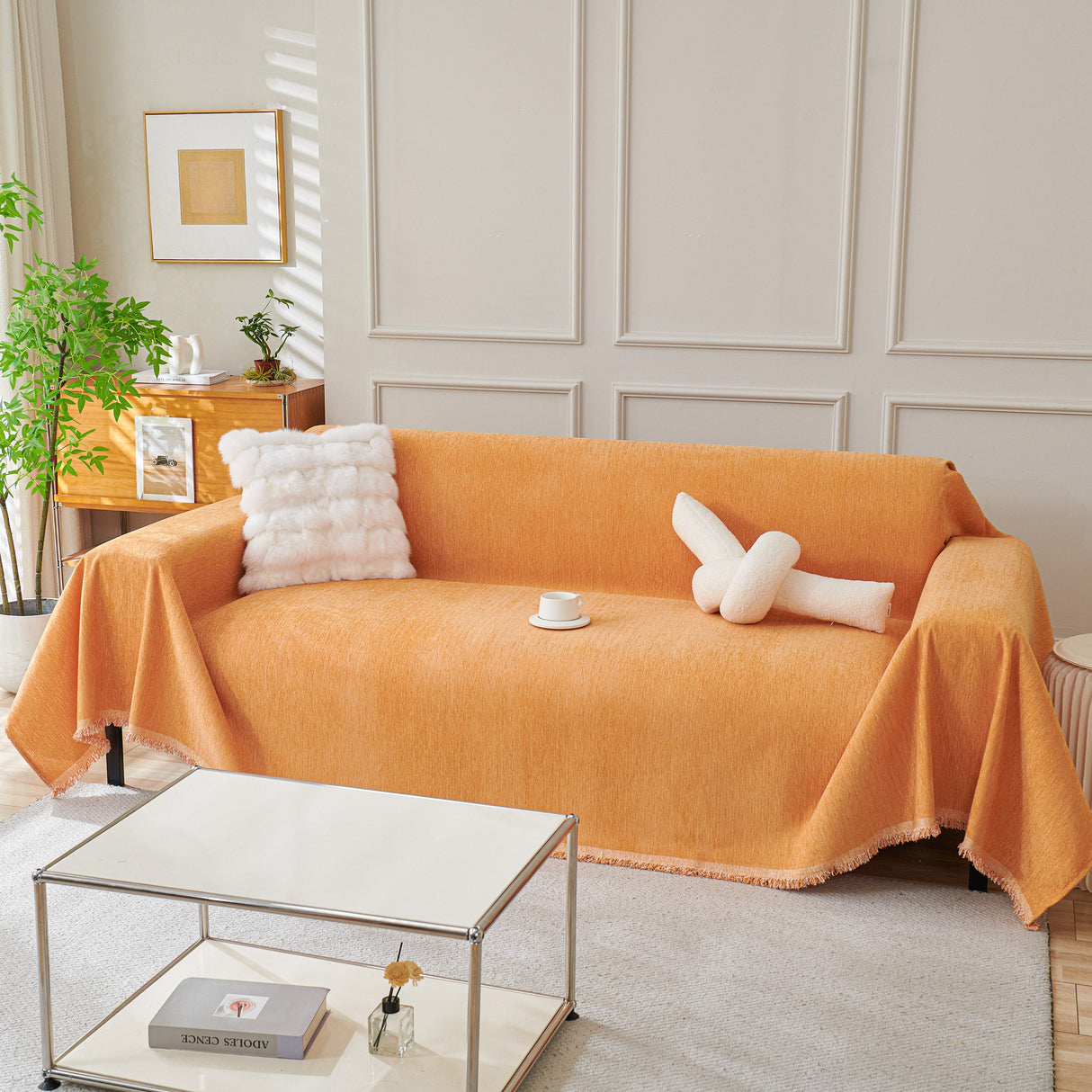 Solid Color Chenille Sofa Throw Blanket, Cozy & Easy Care Fringed Furniture Protector