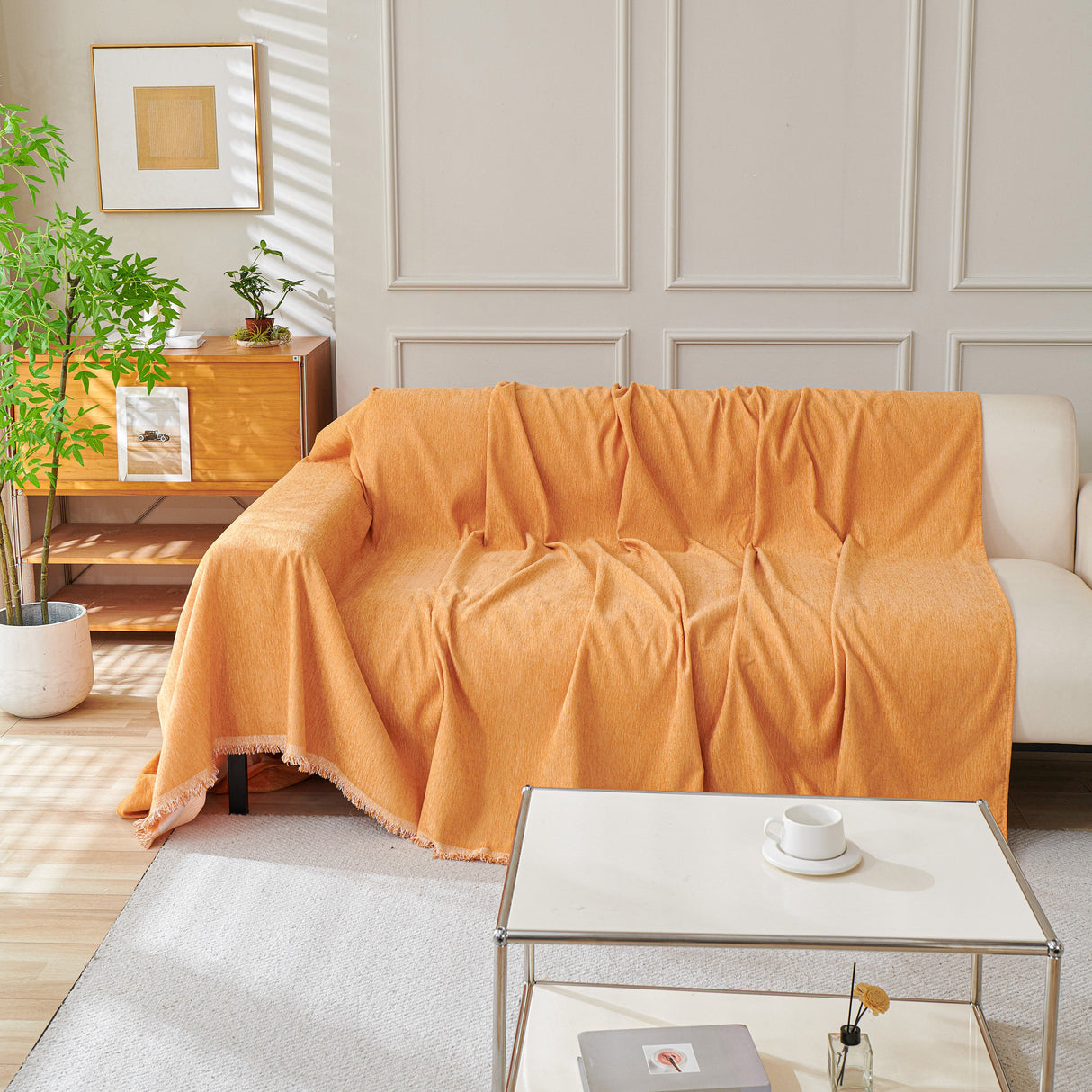 Solid Color Chenille Sofa Throw Blanket, Cozy & Easy Care Fringed Furniture Protector