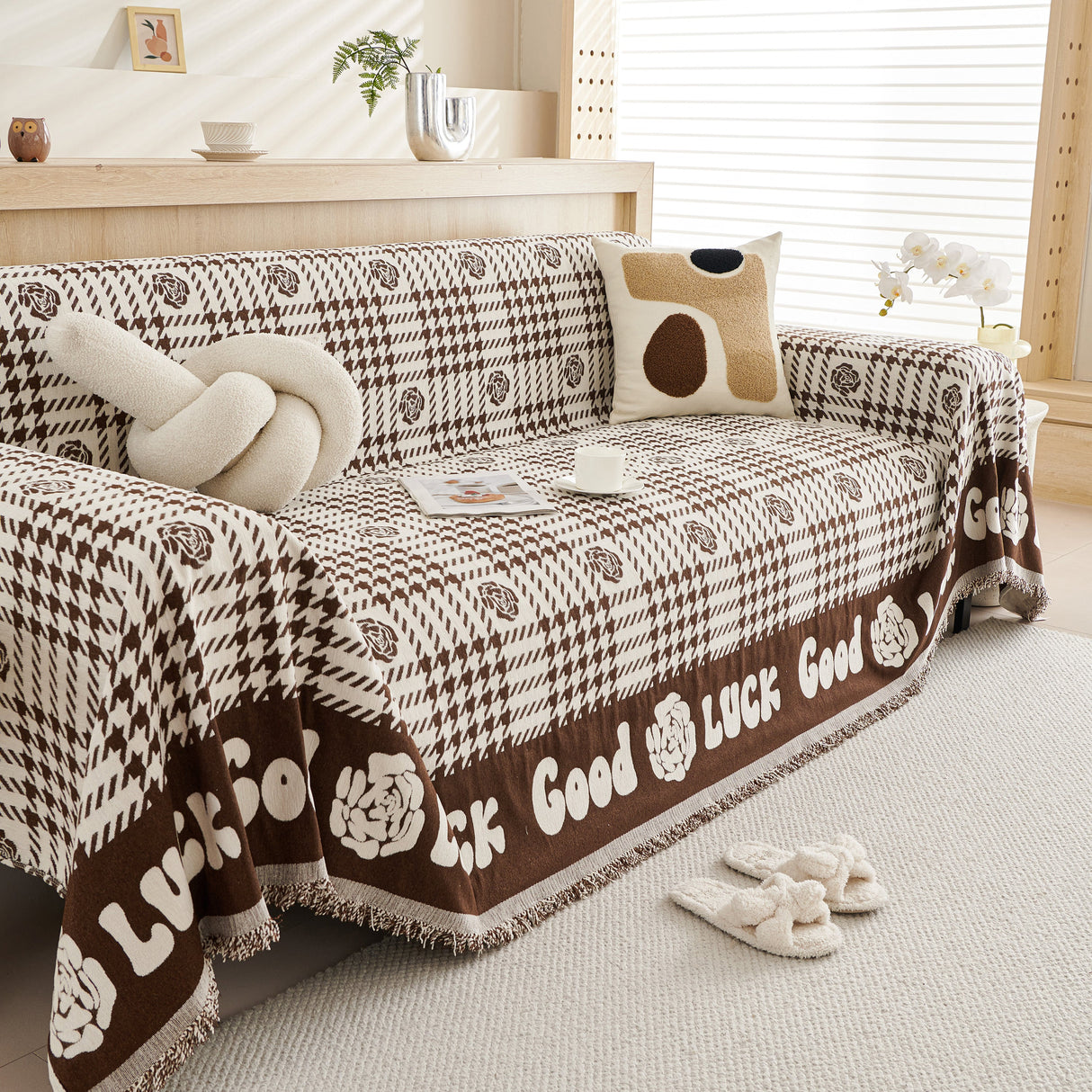 Chenille Houndstooth Sofa Throw Cover, Scratch Proof Cozy Throw Blankets for Couch