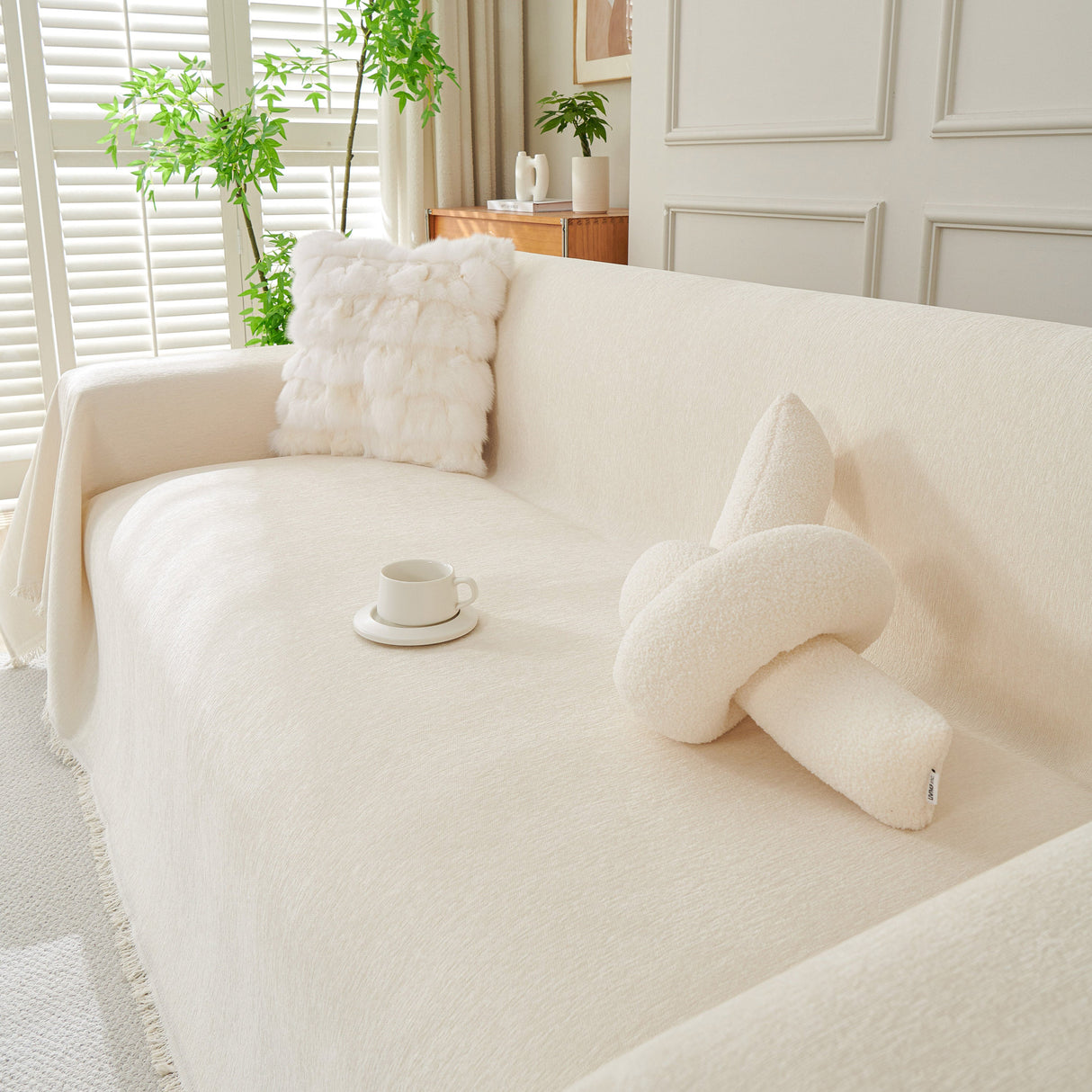 Solid Color Chenille Sofa Throw Blanket, Cozy & Easy Care Fringed Furniture Protector