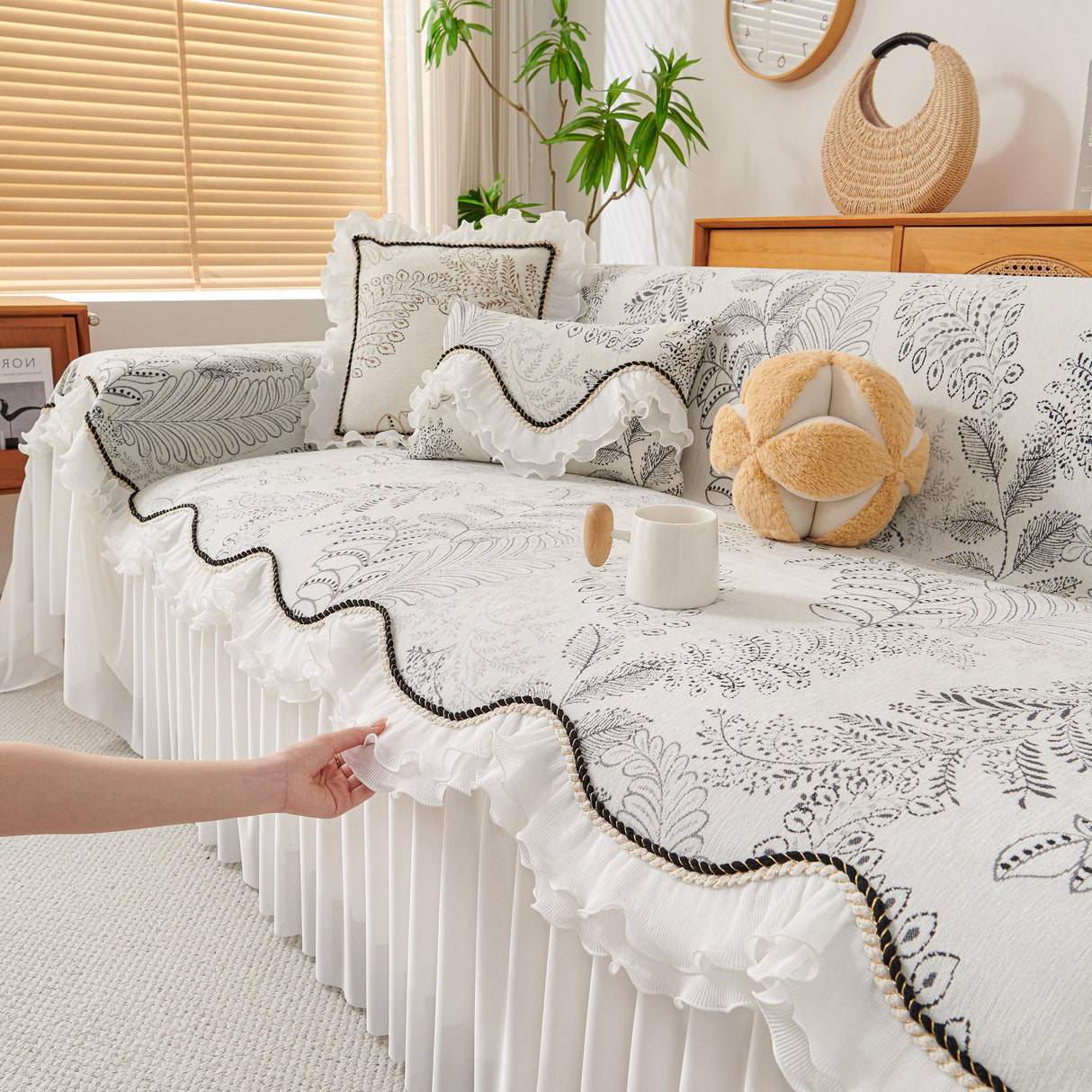 Farmhouse Ruffled Lace Sofa Slipcover Vintage Furniture Protector with Botanical Print