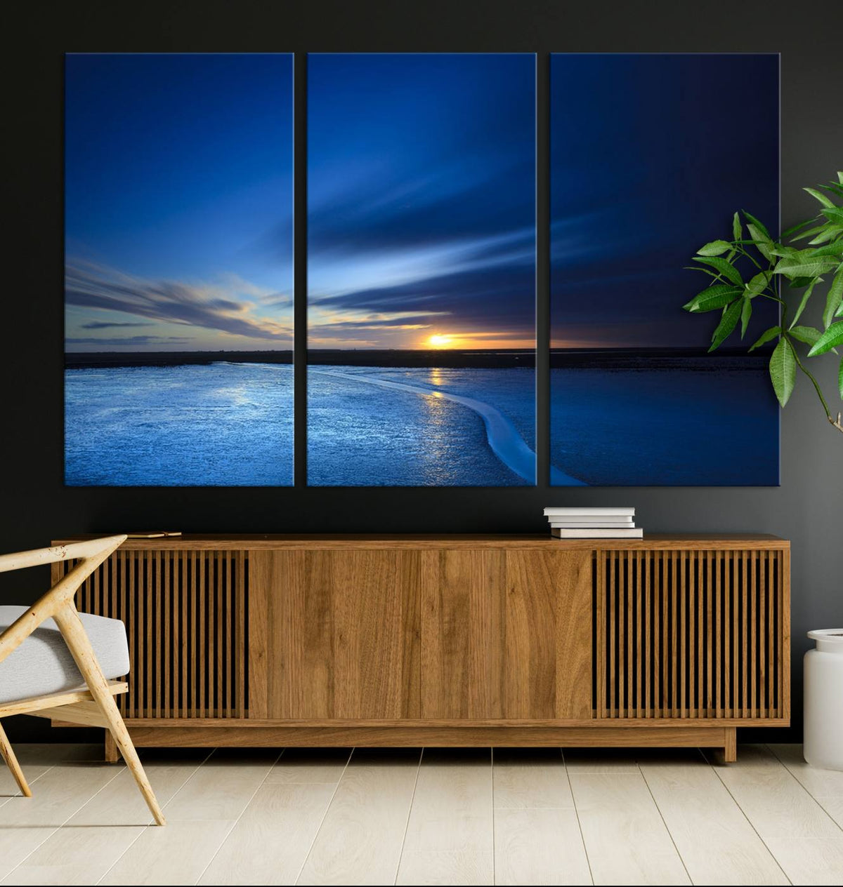 Deep Blue Ocean Sunset Canvas Art, Serene Coastal Sunset