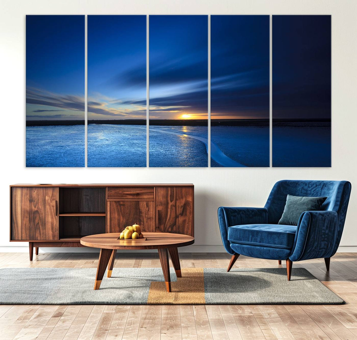 Deep Blue Ocean Sunset Canvas Art, Serene Coastal Sunset