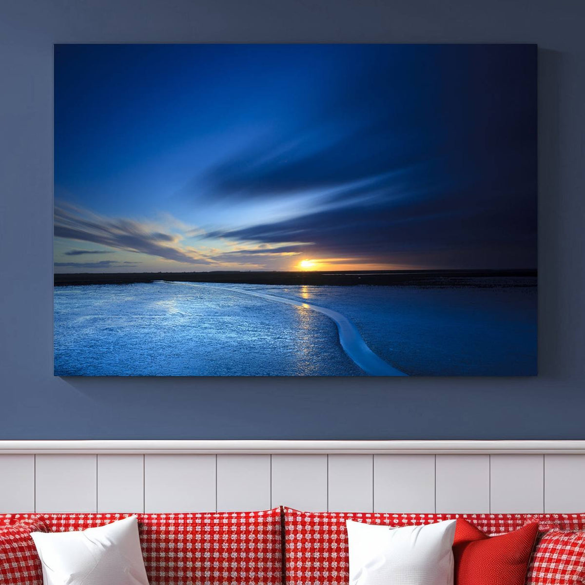 Deep Blue Ocean Sunset Canvas Art, Serene Coastal Sunset