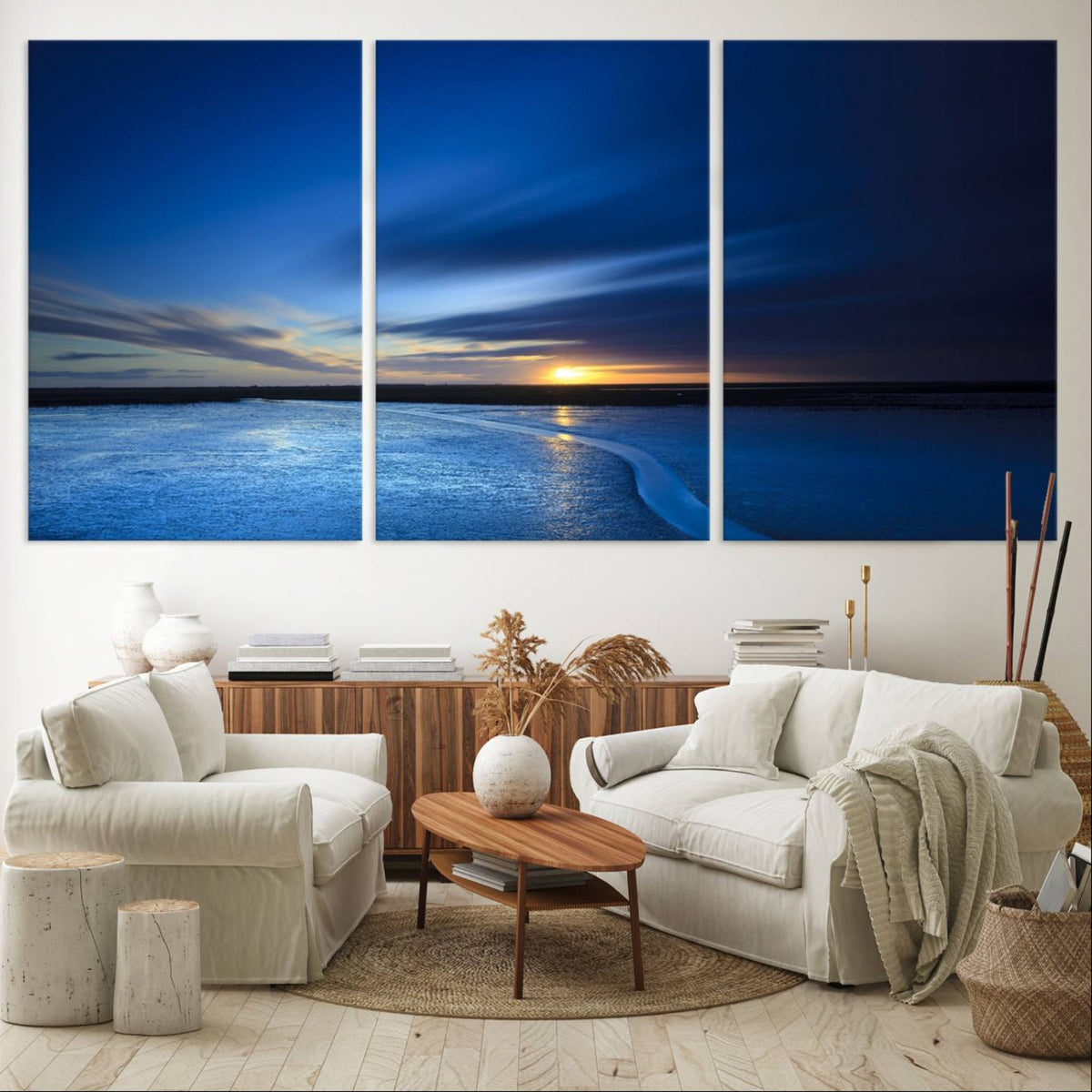Deep Blue Ocean Sunset Canvas Art, Serene Coastal Sunset