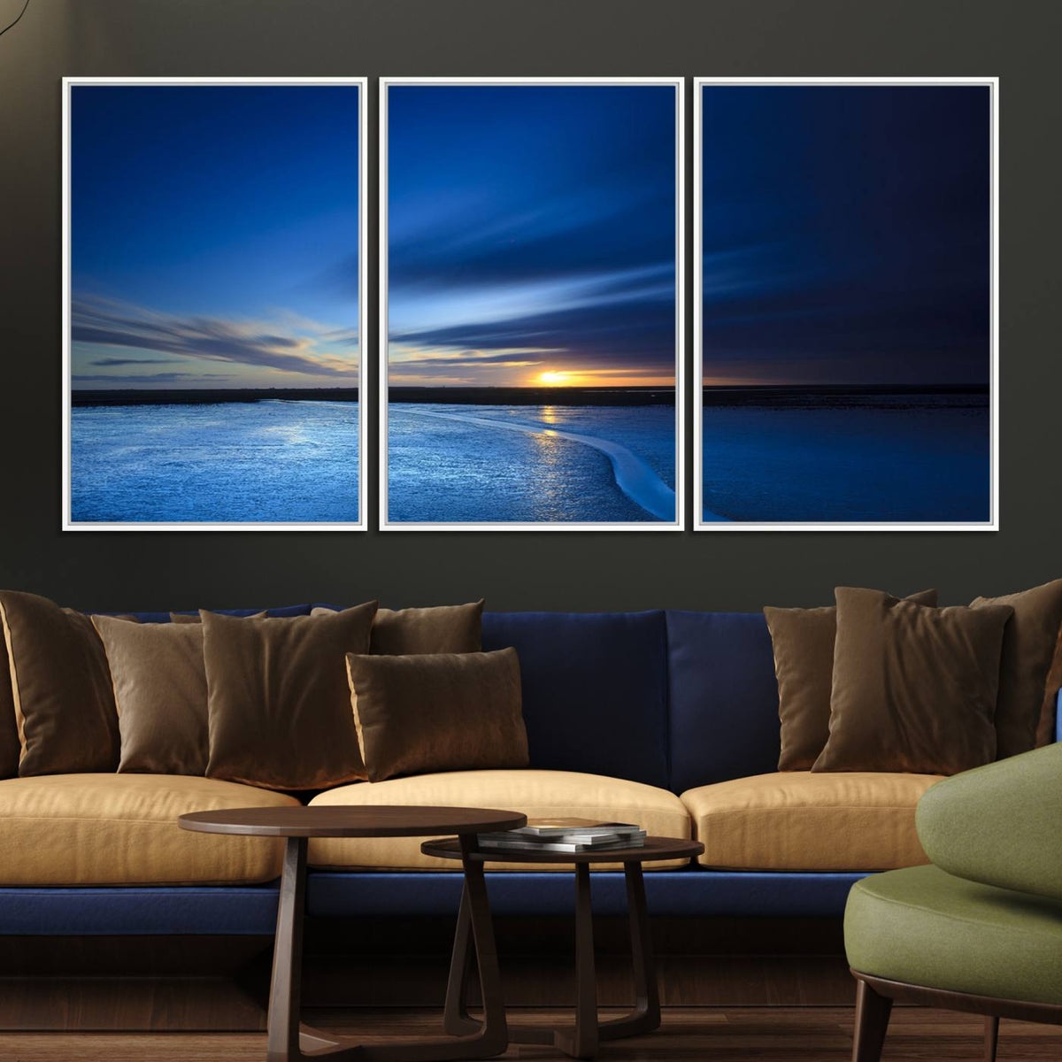Deep Blue Ocean Sunset Canvas Art, Serene Coastal Sunset