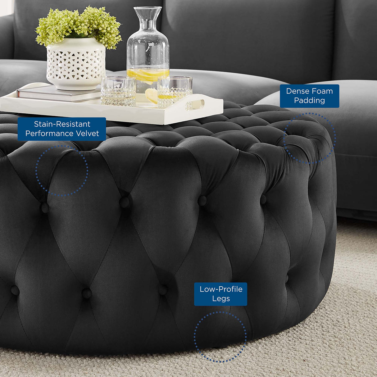 Amour Tufted Button Large Round Performance Velvet Ottoman by Modway