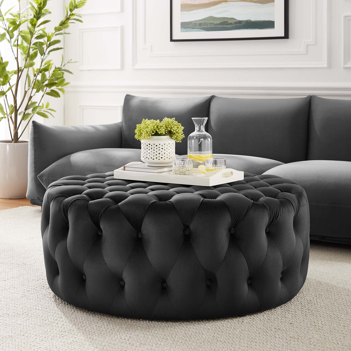 Amour Tufted Button Large Round Performance Velvet Ottoman by Modway