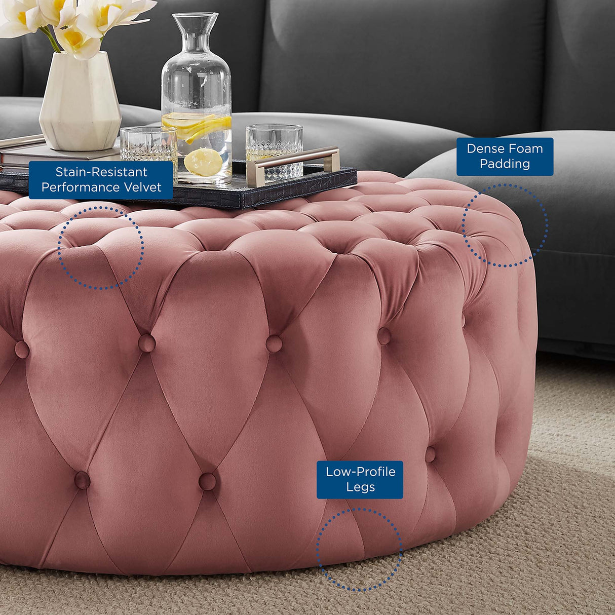 Amour Tufted Button Large Round Performance Velvet Ottoman by Modway