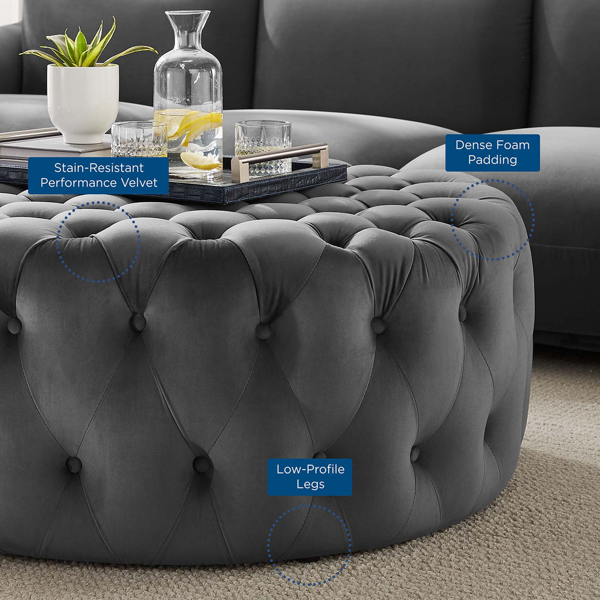 Amour Tufted Button Large Round Performance Velvet Ottoman by Modway