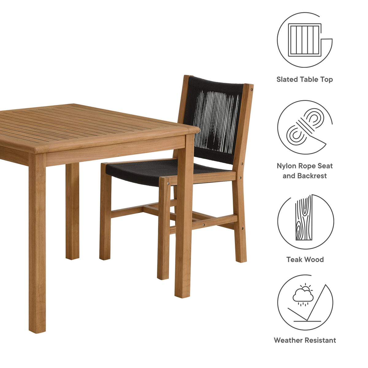Vienna 3-Piece Outdoor Patio Teak and Rope Dining Set with Armless Chairs