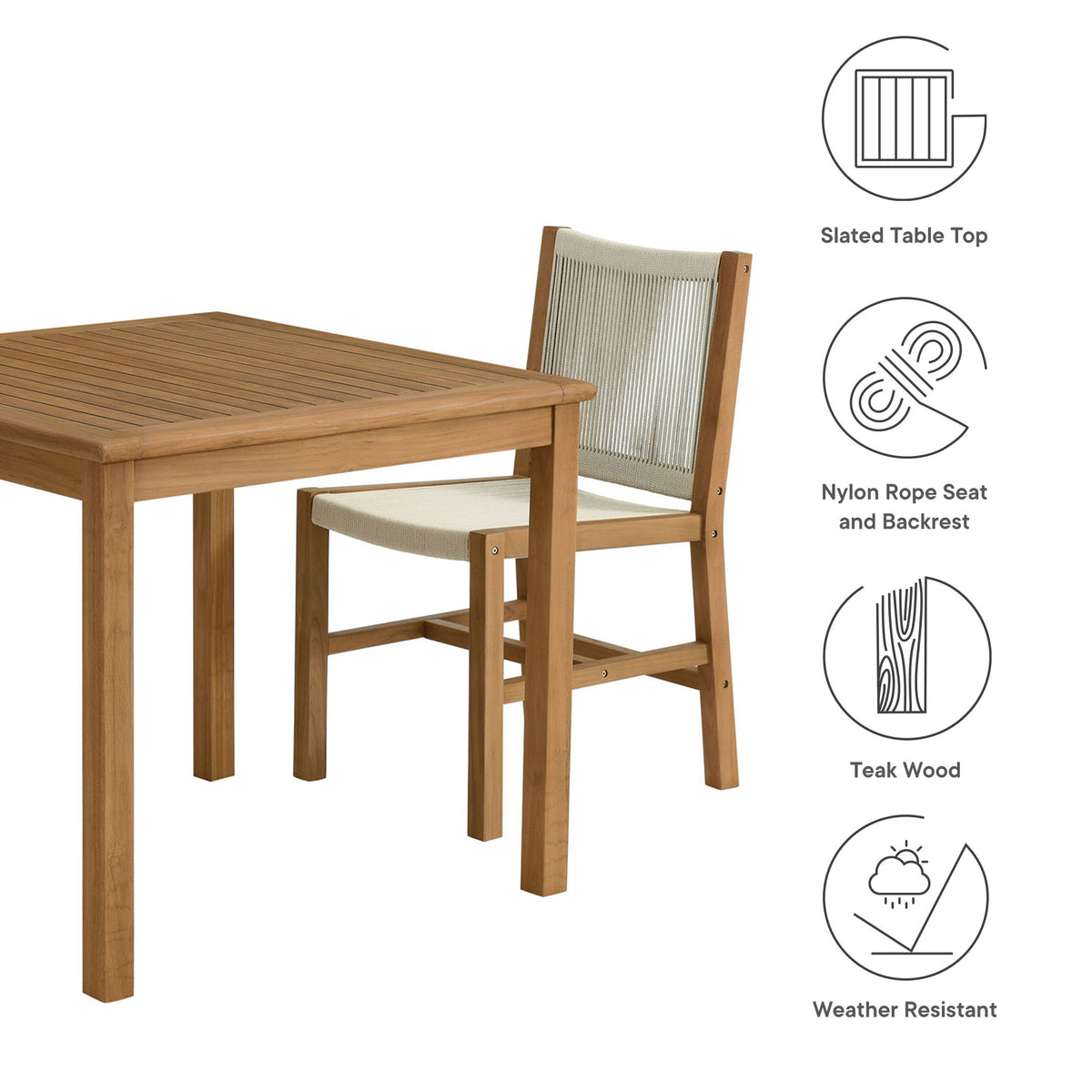 Vienna 3-Piece Outdoor Patio Teak and Rope Dining Set with Armless Chairs