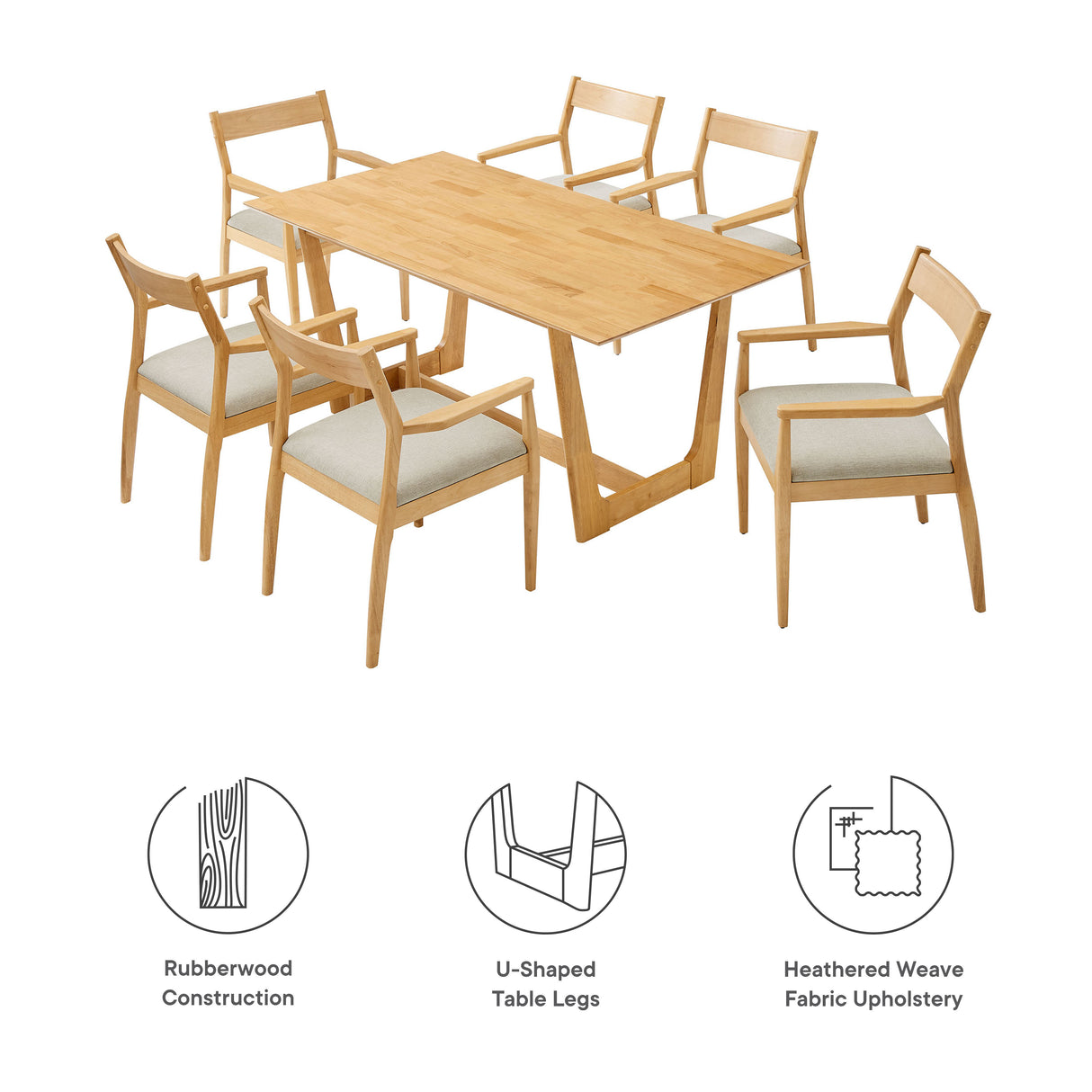 Solara 7-Piece Wood Dining Set with Fabric Upholstered Armchairs