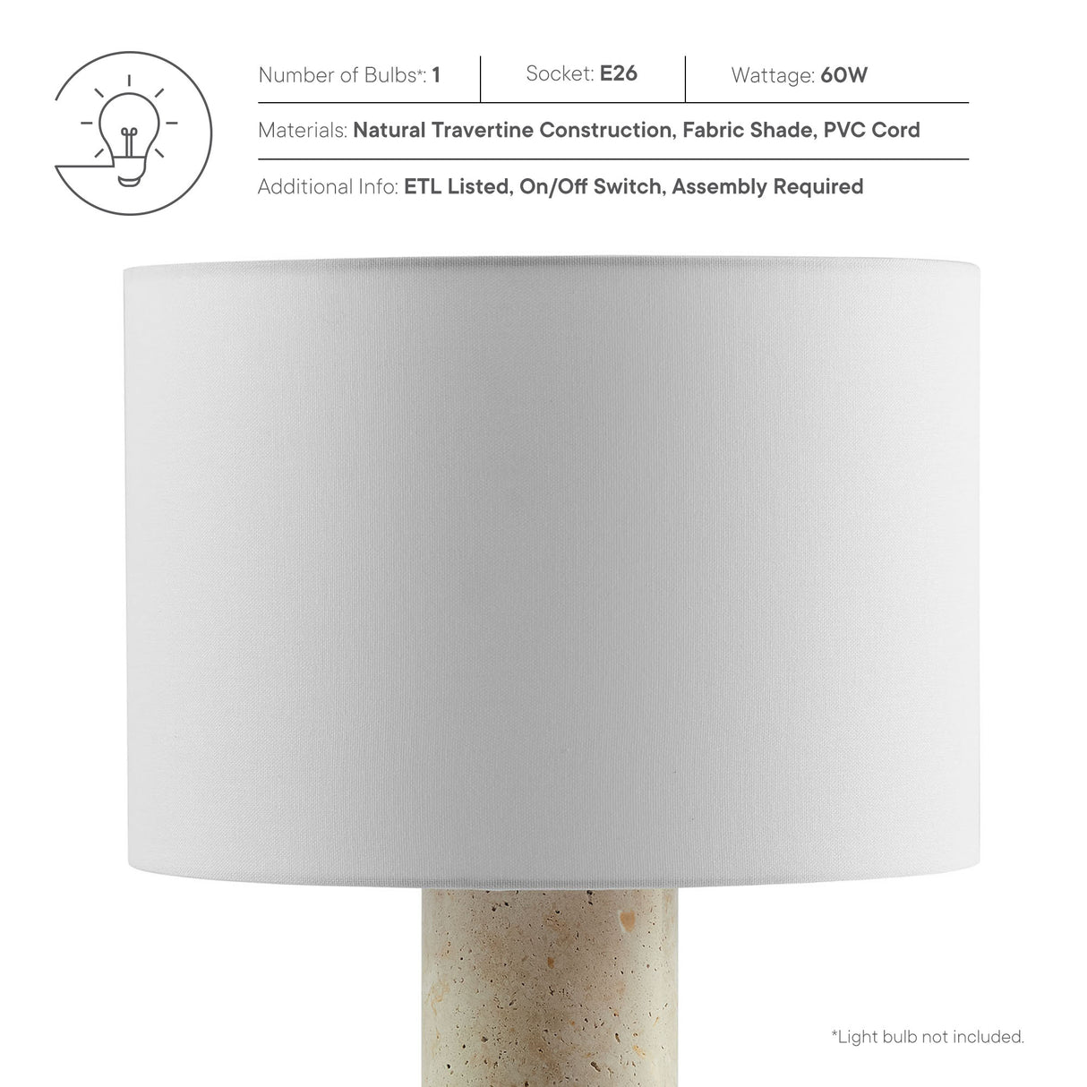 Zenith Travertine Table Lamp with Fabric Drum Shade by Modway