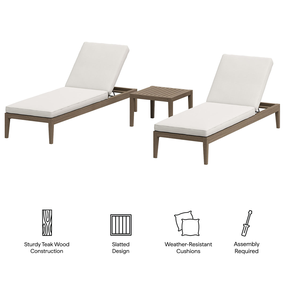 Northlake 3-Piece Outdoor Patio Teak Wood Furniture Set with Chaise Lounges and Side Table