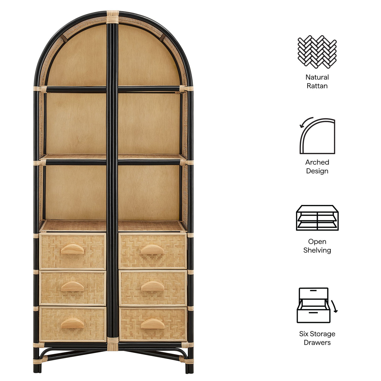Jane 71 Inch Tall Arched Natural Rattan Bookshelf by Modway