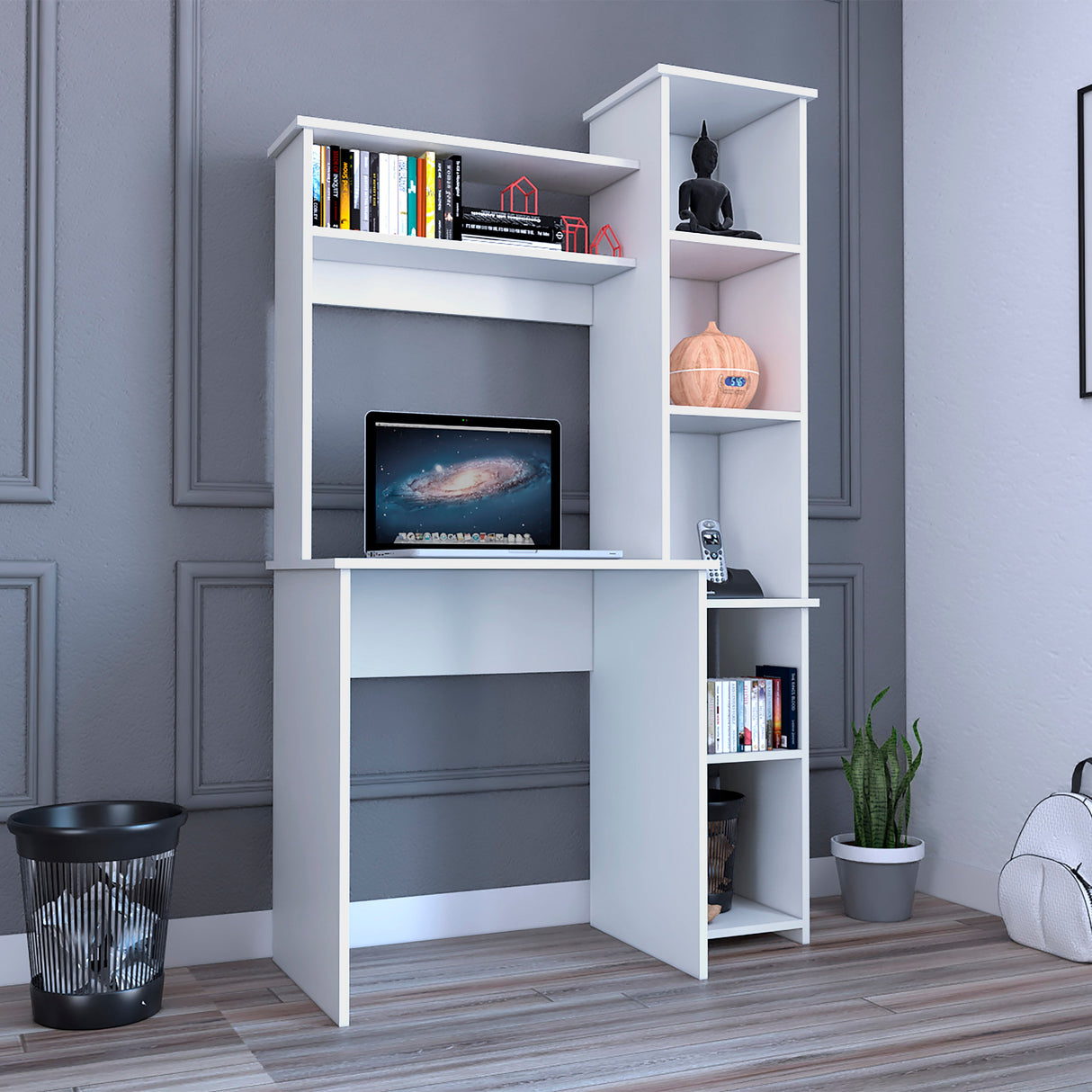 Versalles Writing Desk, Two Superior Shelves, Five Cubbies - White