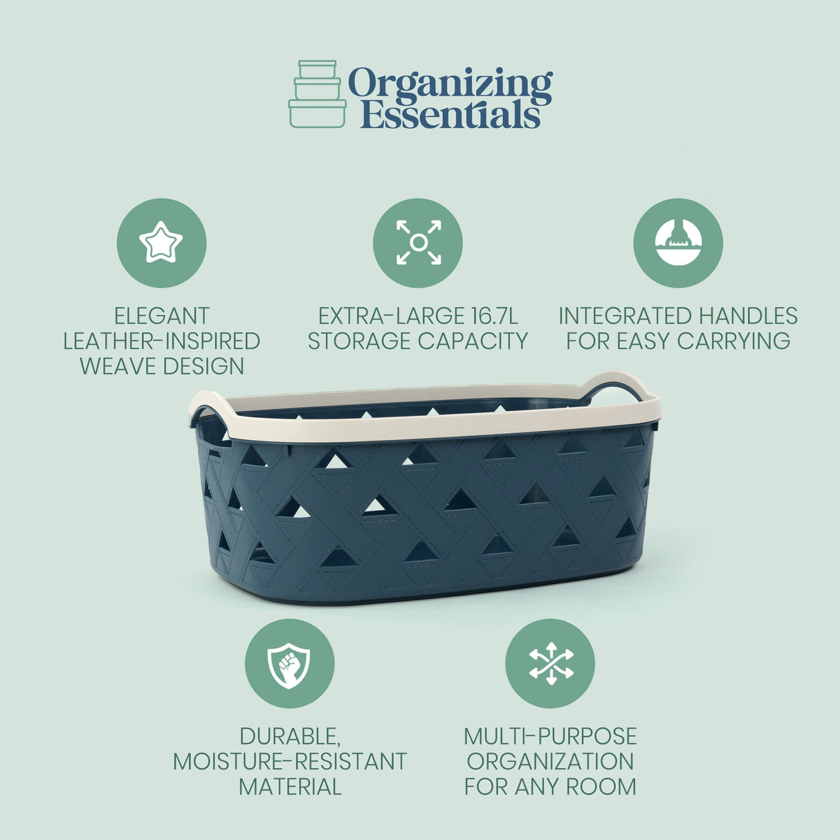 Organizing Essentials Extra-Large Plastic Storage Basket with Handles – Blue & Cream Decorative Bin for Bathroom, Living Room, or Laundry – Designer Leather Pattern Organizer Basket, 16.7L