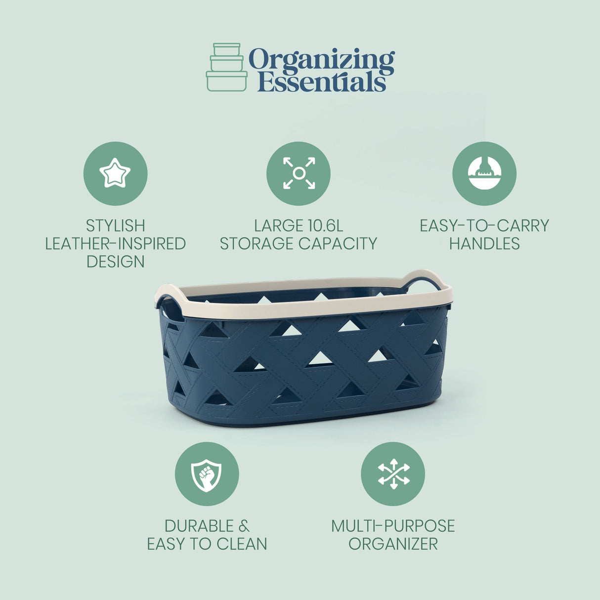 Organizing Essentials Large Plastic Storage Basket with Handles – Blue & Cream Decorative Bin for Bathroom, Kitchen, or Living Room – Designer Leather Pattern Organizer Basket, 10.6L