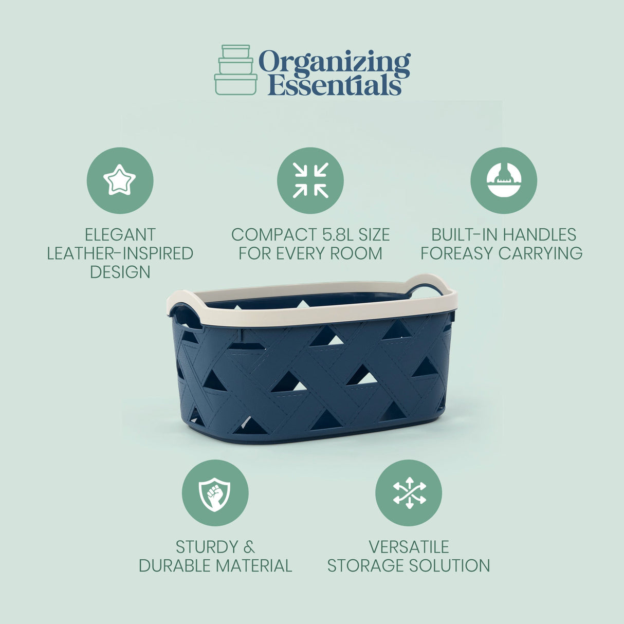 Organizing Essentials Medium Plastic Storage Basket with Handles – Blue & Cream Decorative Bin for Bathroom, Kitchen, or Shelves – Designer Leather Pattern Organizer Basket, 5.8L