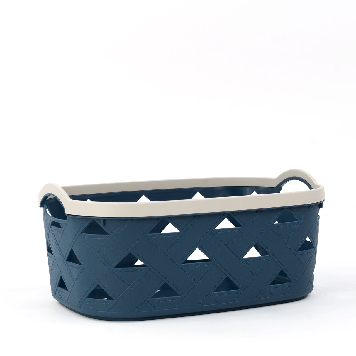 Organizing Essentials Plastic Storage Basket Set of 3 – Blue & Cream Decorative Bins with Handles for Bathroom, Kitchen, or Living Room – Designer Leather Pattern Organizer Baskets, 10.6L Each